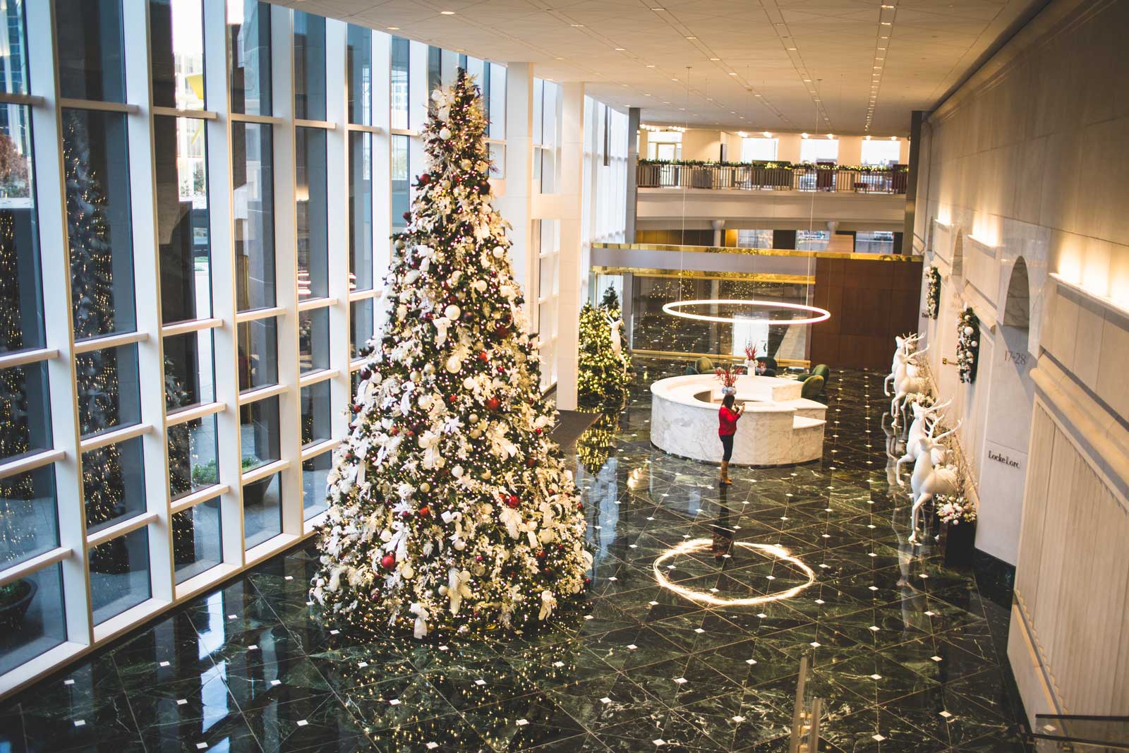 Office building with tower tree and other holiday decor